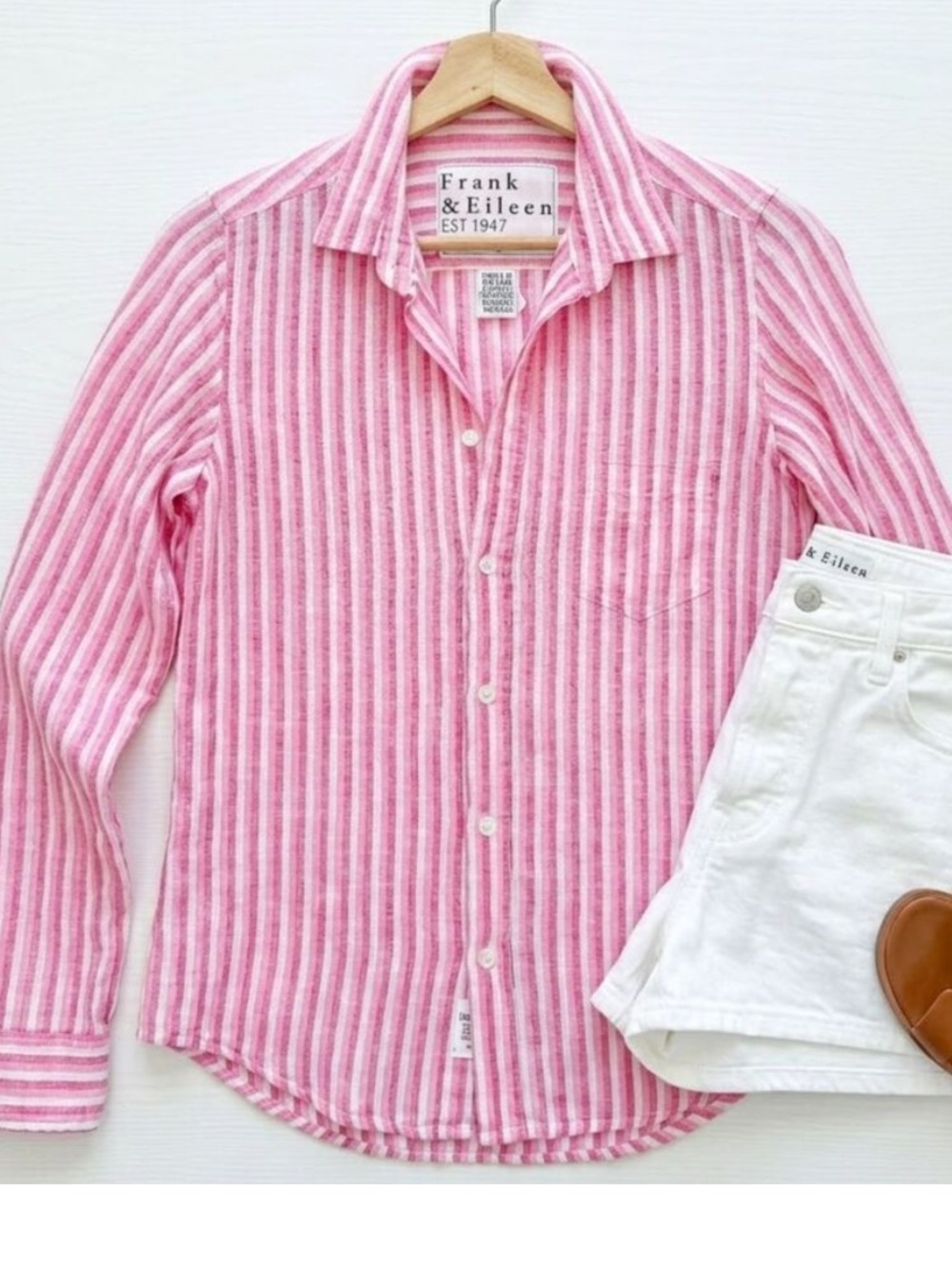 Frank & Eileen Grayson Pink and White Vertical-Stripe Linen Button Shirt